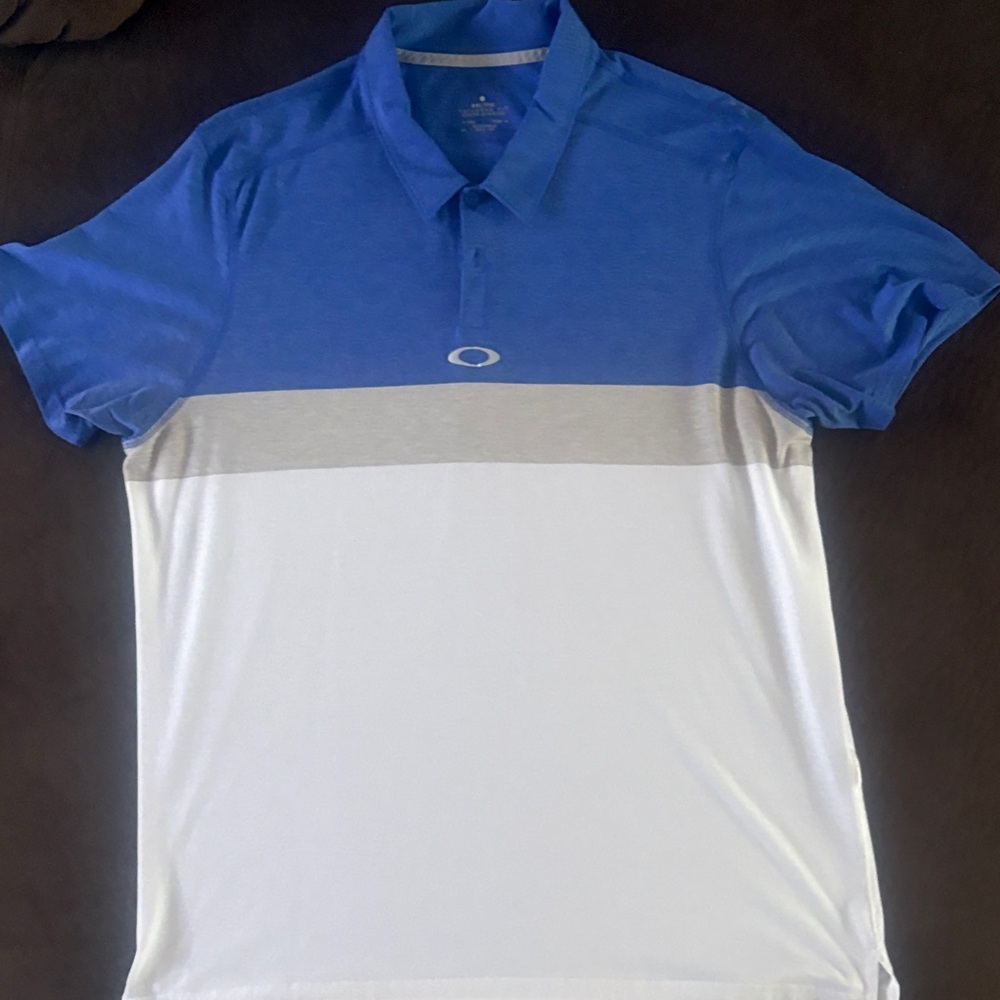 Oakley Blue, Gray and White Colorblock Polo